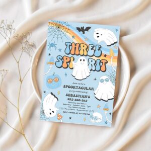 Editable three spirit halloween ghost 3rd birthday invitation retro groovy rainbow ghost birthday hippie halloween party instant download v1 1