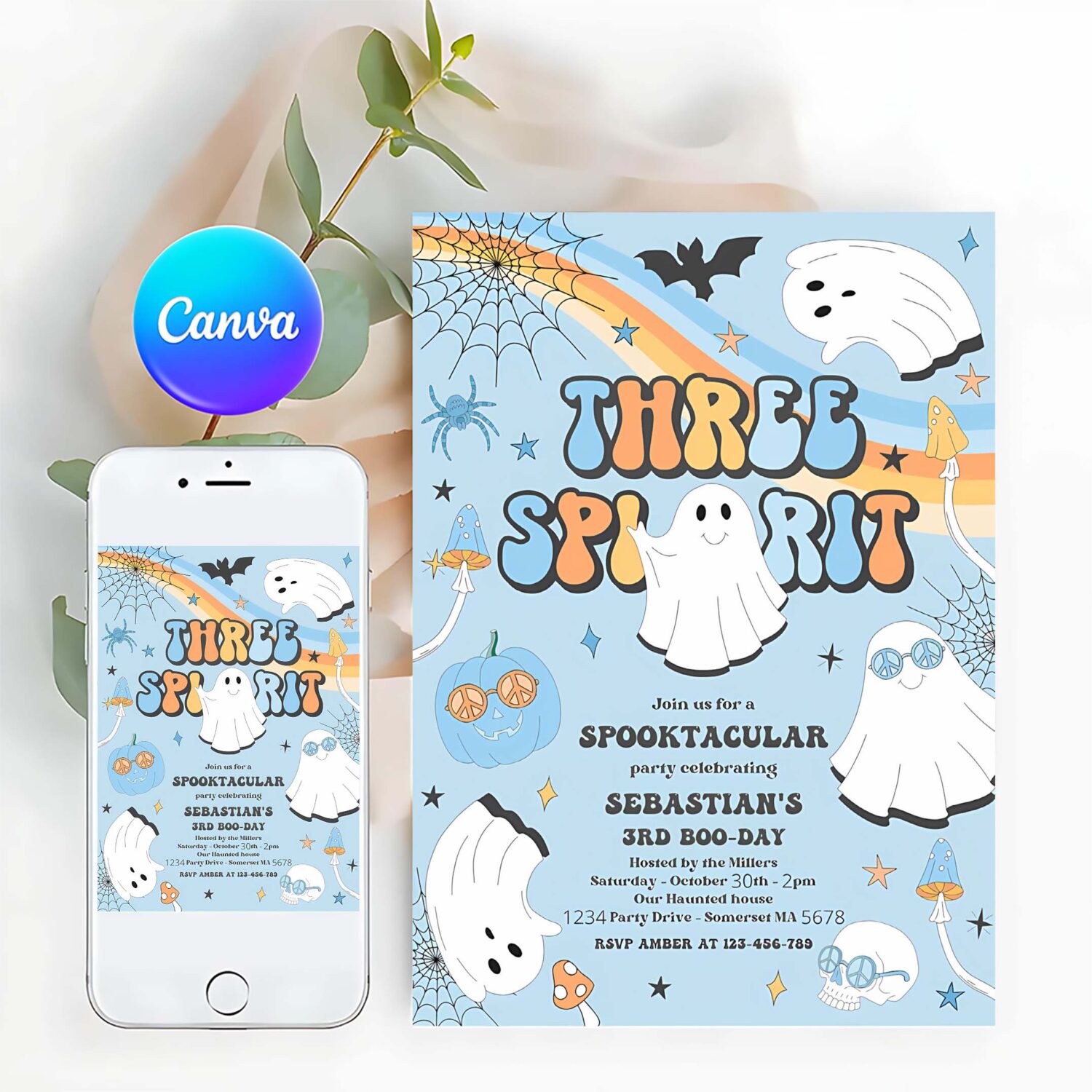 Editable three spirit halloween ghost 3rd birthday invitation retro groovy rainbow ghost birthday hippie halloween party instant download v1