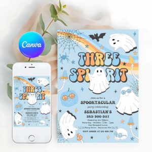 Three Spirit Invitation, Three Spirit Halloween Ghost 3rd Birthday Invitation Retro Groovy Rainbow Ghost Birthday Hippie Halloween Party