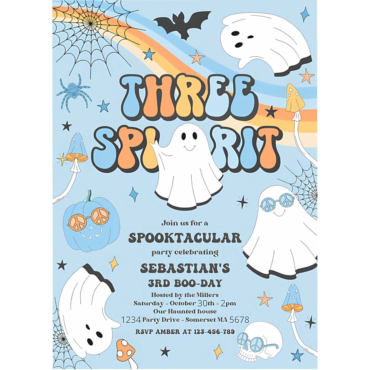Editable three spirit halloween ghost 3rd birthday invitation retro groovy rainbow ghost birthday hippie halloween party instant download v1 4