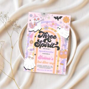 Editable three spirit halloween ghost 3rd birthday invitation retro groovy rainbow ghost birthday hippie halloween party instant download v6 1