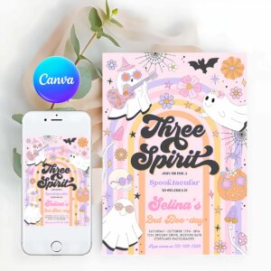 Three Spirit Invitation, Three Spirit Halloween Ghost 3rd Birthday Invitation Retro Groovy Rainbow Ghost Birthday Hippie Halloween Party