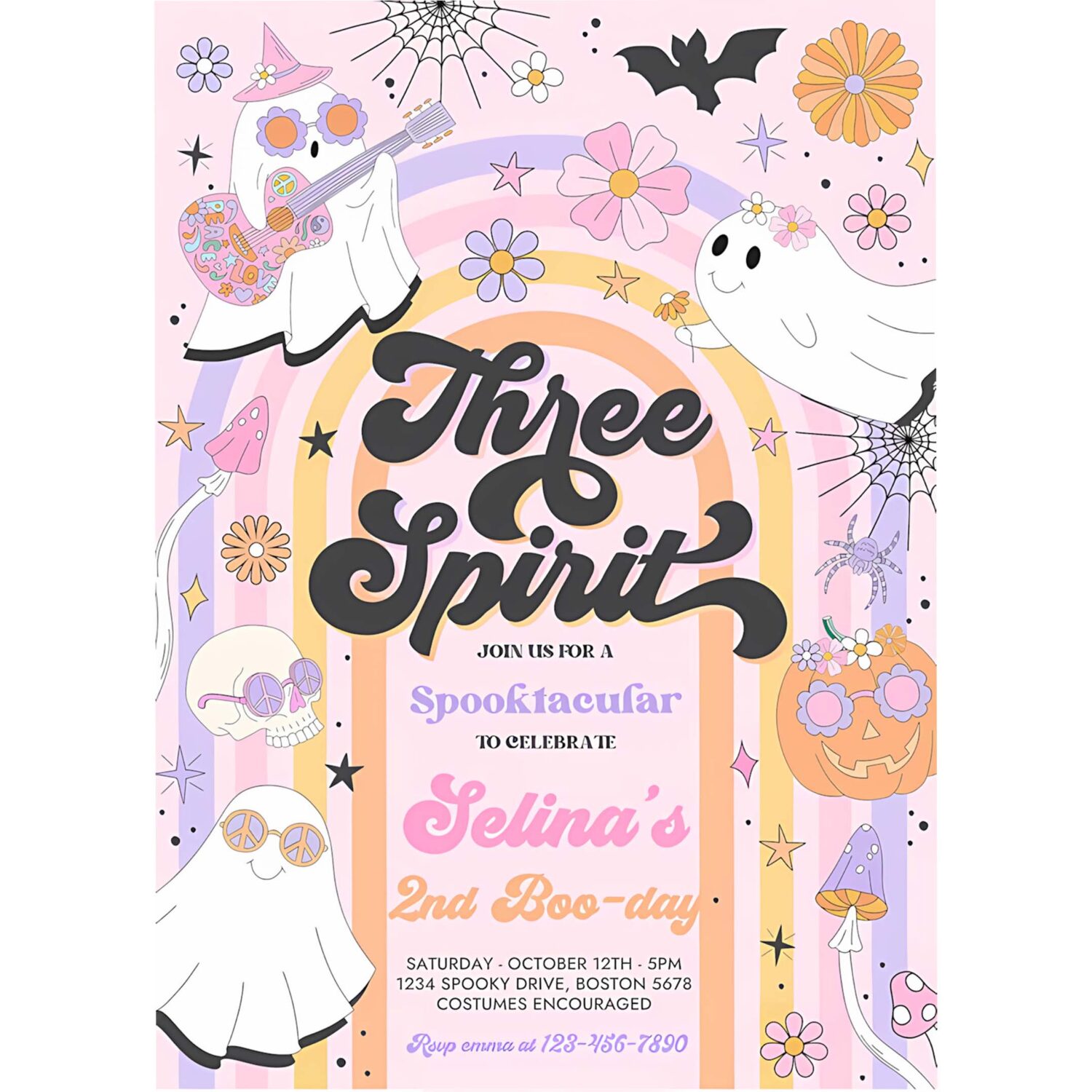 Editable three spirit halloween ghost 3rd birthday invitation retro groovy rainbow ghost birthday hippie halloween party instant download v6 4