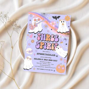 Editable three spirit halloween ghost 3rd birthday invitation retro groovy rainbow ghost birthday hippie halloween party instant download v7 1