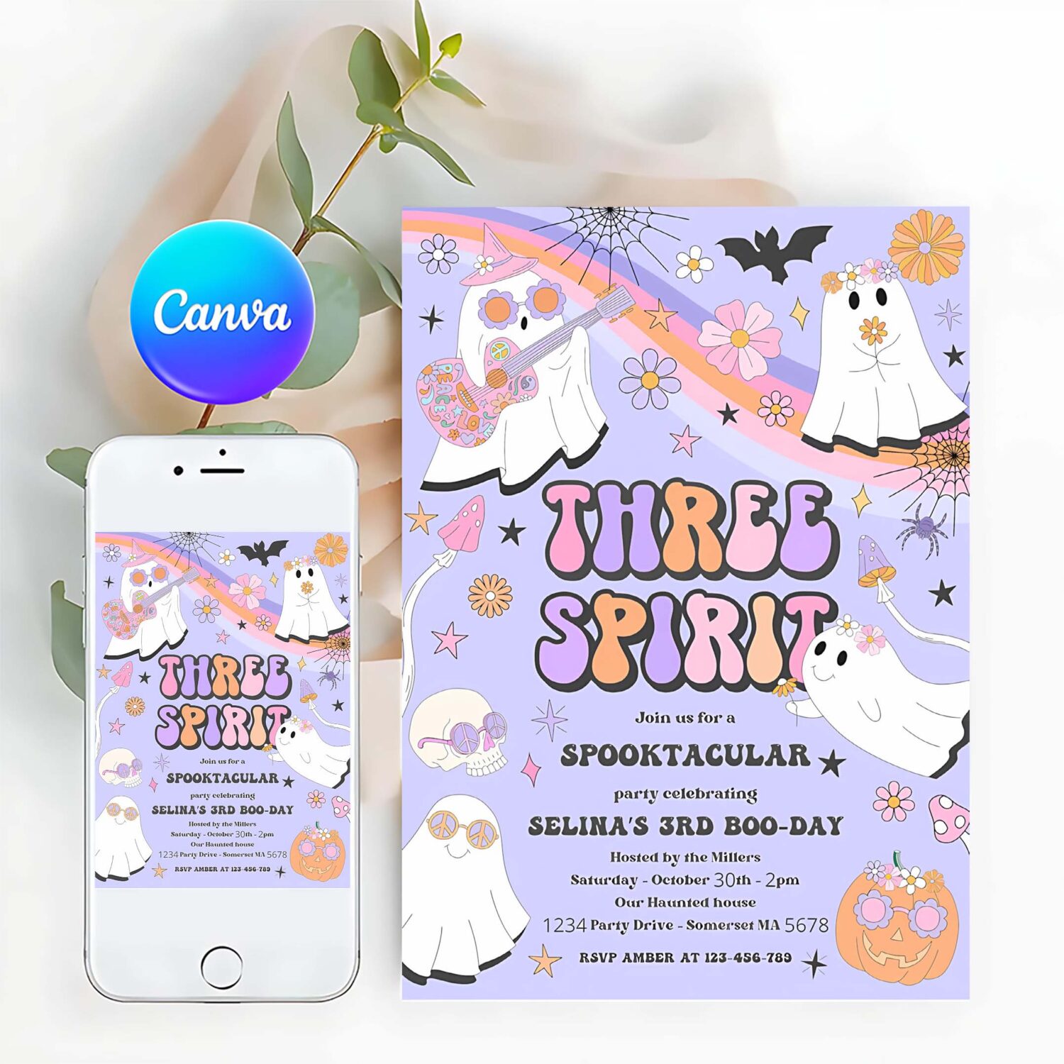 Editable three spirit halloween ghost 3rd birthday invitation retro groovy rainbow ghost birthday hippie halloween party instant download v7