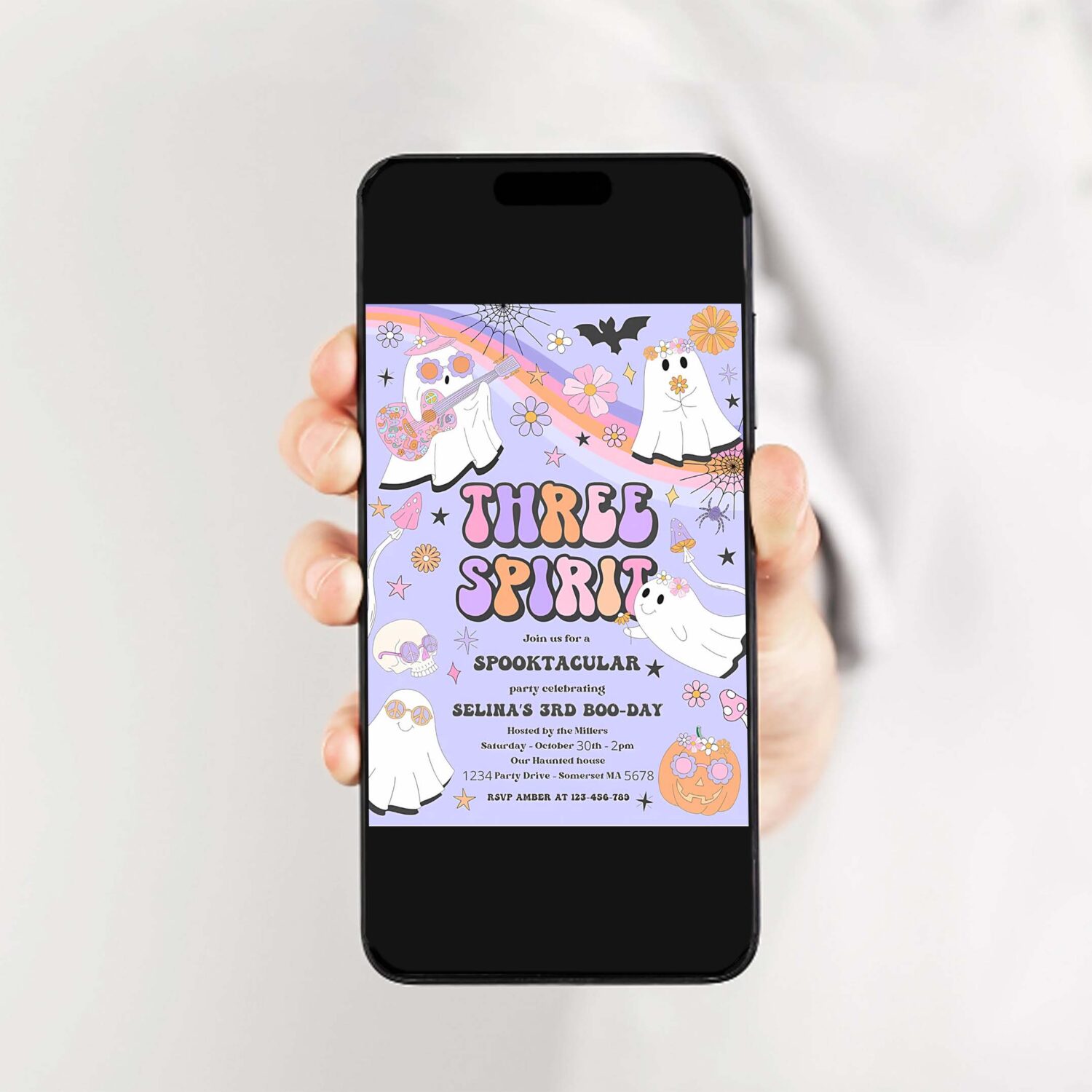Editable three spirit halloween ghost 3rd birthday invitation retro groovy rainbow ghost birthday hippie halloween party instant download v7 2