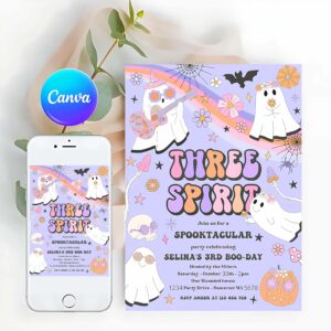 Three Spirit Invitation, Three Spirit Halloween Ghost 3rd Birthday Invitation Retro Groovy Rainbow Ghost Birthday Hippie Halloween Party