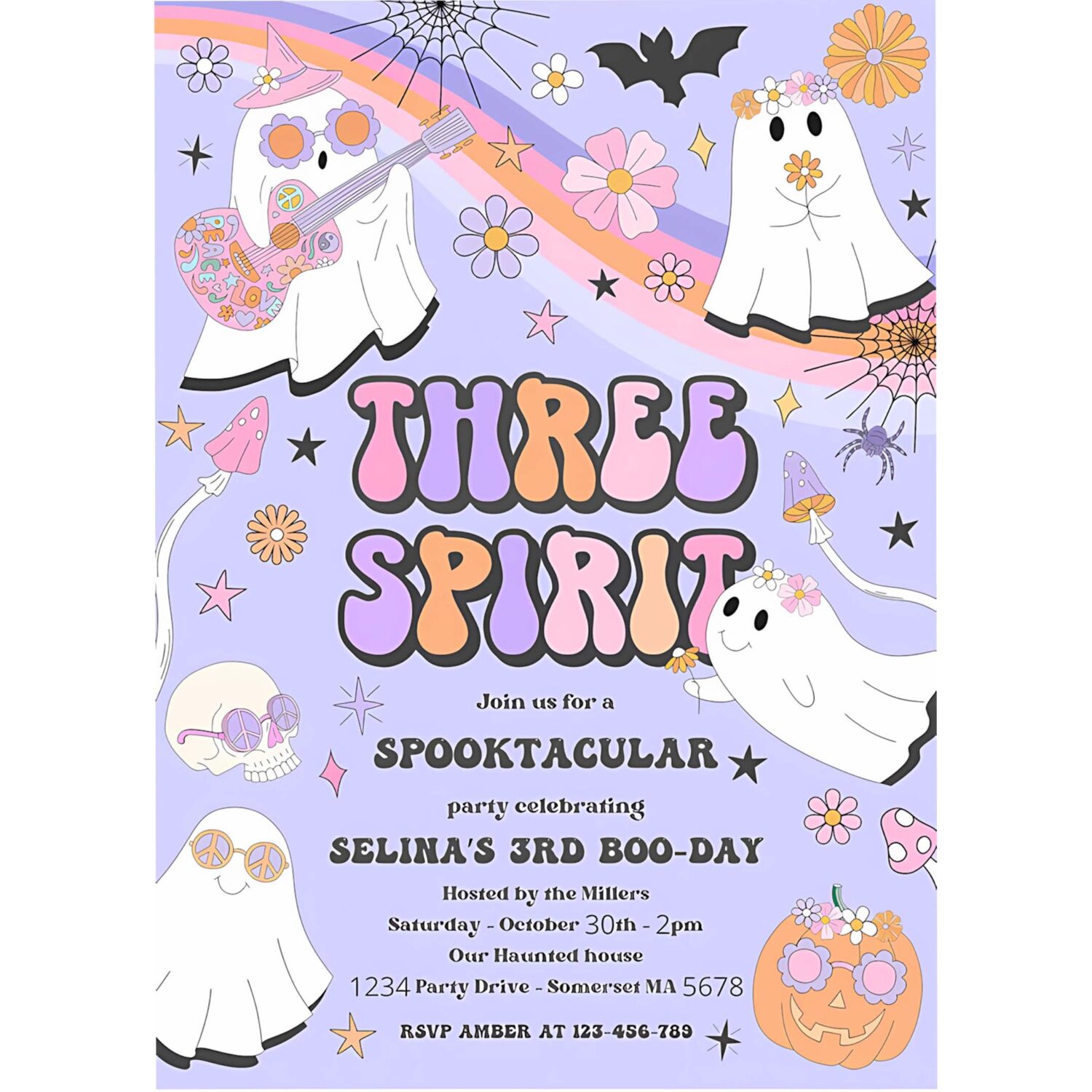 Editable three spirit halloween ghost 3rd birthday invitation retro groovy rainbow ghost birthday hippie halloween party instant download v7 4