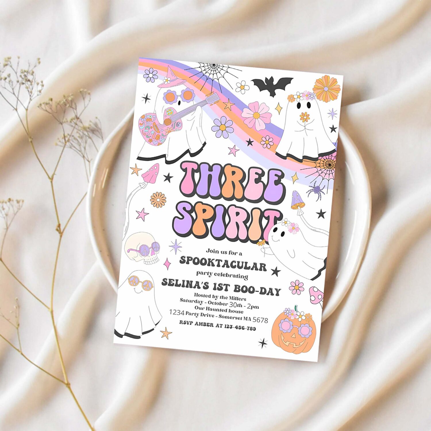 Editable three spirit halloween ghost 3rd birthday invitation retro groovy rainbow ghost birthday hippie halloween party instant download v9 1