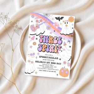 Editable three spirit halloween ghost 3rd birthday invitation retro groovy rainbow ghost birthday hippie halloween party instant download v9 1