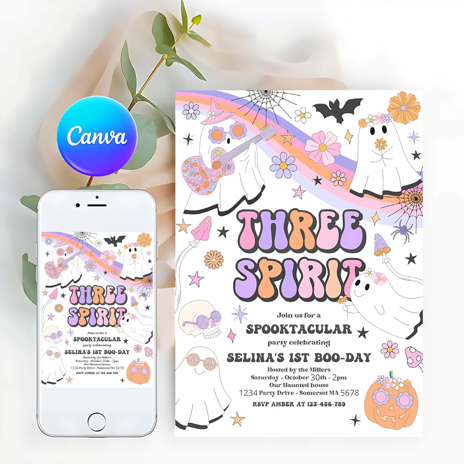 Editable three spirit halloween ghost 3rd birthday invitation retro groovy rainbow ghost birthday hippie halloween party instant download v9