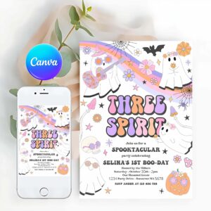 Three Spirit Invitation, Three Spirit Halloween Ghost 3rd Birthday Invitation Retro Groovy Rainbow Ghost Birthday Hippie Halloween Party