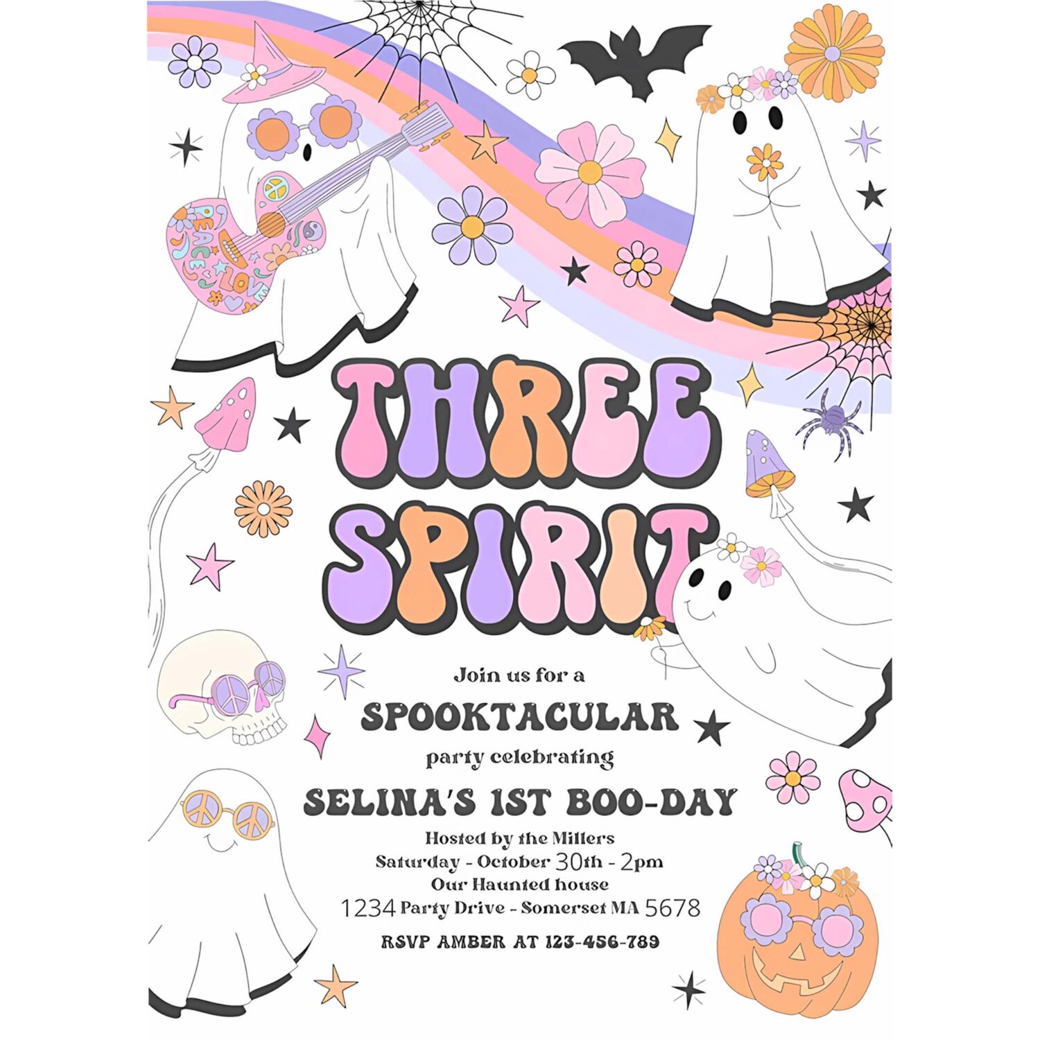 Editable three spirit halloween ghost 3rd birthday invitation retro groovy rainbow ghost birthday hippie halloween party instant download v9 4