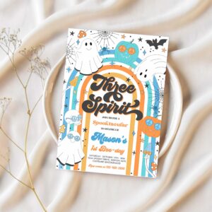 Editable three spirit halloween ghost 3rd birthday invitation retro groovy rainbow ghost birthday hippie halloween party instant download vh 1