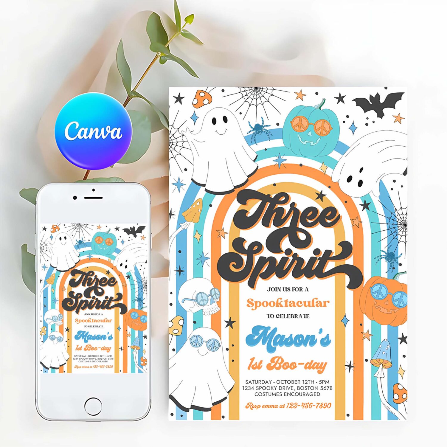 Editable three spirit halloween ghost 3rd birthday invitation retro groovy rainbow ghost birthday hippie halloween party instant download vh