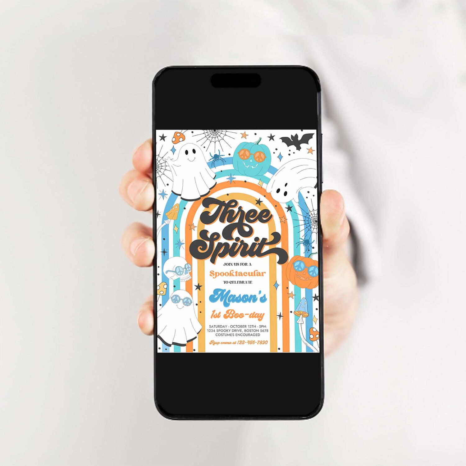 Editable three spirit halloween ghost 3rd birthday invitation retro groovy rainbow ghost birthday hippie halloween party instant download vh 2
