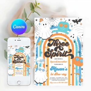 Three Spirit Invitation, Three Spirit Halloween Ghost 3rd Birthday Invitation Retro Groovy Rainbow Ghost Birthday Hippie Halloween Party