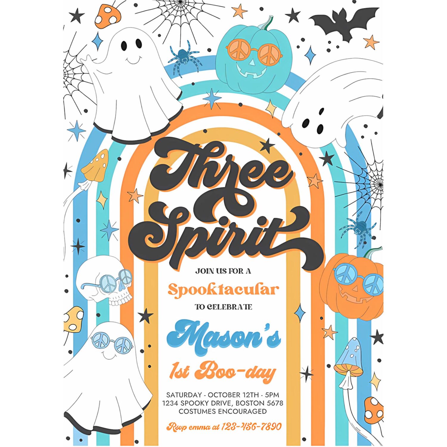 Editable three spirit halloween ghost 3rd birthday invitation retro groovy rainbow ghost birthday hippie halloween party instant download vh 4
