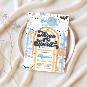 Editable three spirit halloween ghost 3rd birthday invitation retro groovy rainbow ghost birthday hippie halloween party instant download vn 1
