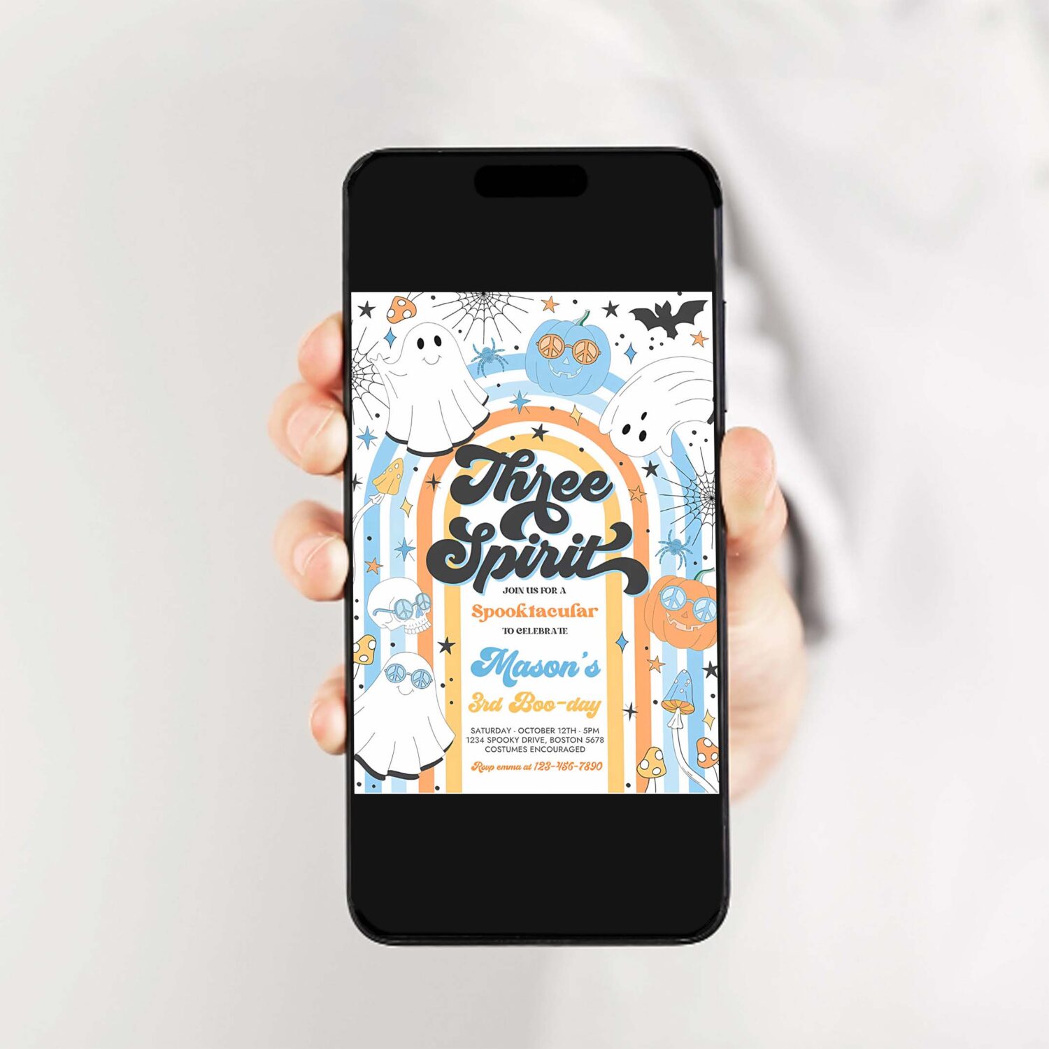 Editable three spirit halloween ghost 3rd birthday invitation retro groovy rainbow ghost birthday hippie halloween party instant download vn 2