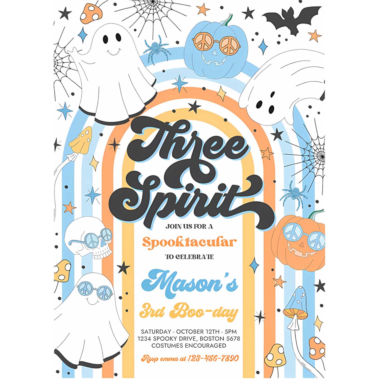 Editable three spirit halloween ghost 3rd birthday invitation retro groovy rainbow ghost birthday hippie halloween party instant download vn 4