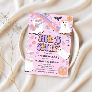 Editable three spirit halloween ghost 3rd birthday invitation retro groovy rainbow ghost birthday hippie halloween party instant download vu 1