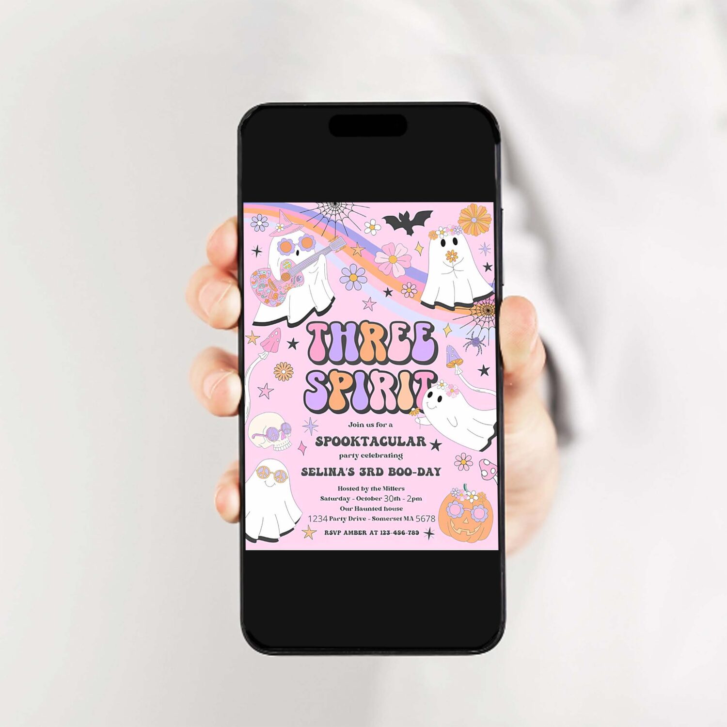 Editable three spirit halloween ghost 3rd birthday invitation retro groovy rainbow ghost birthday hippie halloween party instant download vu 2