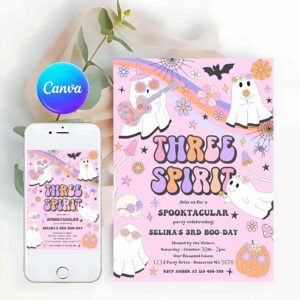 Three Spirit Invitation, Three Spirit Halloween Ghost 3rd Birthday Invitation Retro Groovy Rainbow Ghost Birthday Hippie Halloween Party