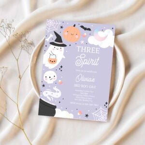 Editable three spirit halloween ghost 3rd birthday party invitation boho groovy ghost halloween birthday party invite instant download 42a 1