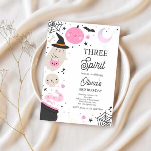 Editable three spirit halloween ghost 3rd birthday party invitation boho groovy ghost halloween birthday party invite instant download 42w 1