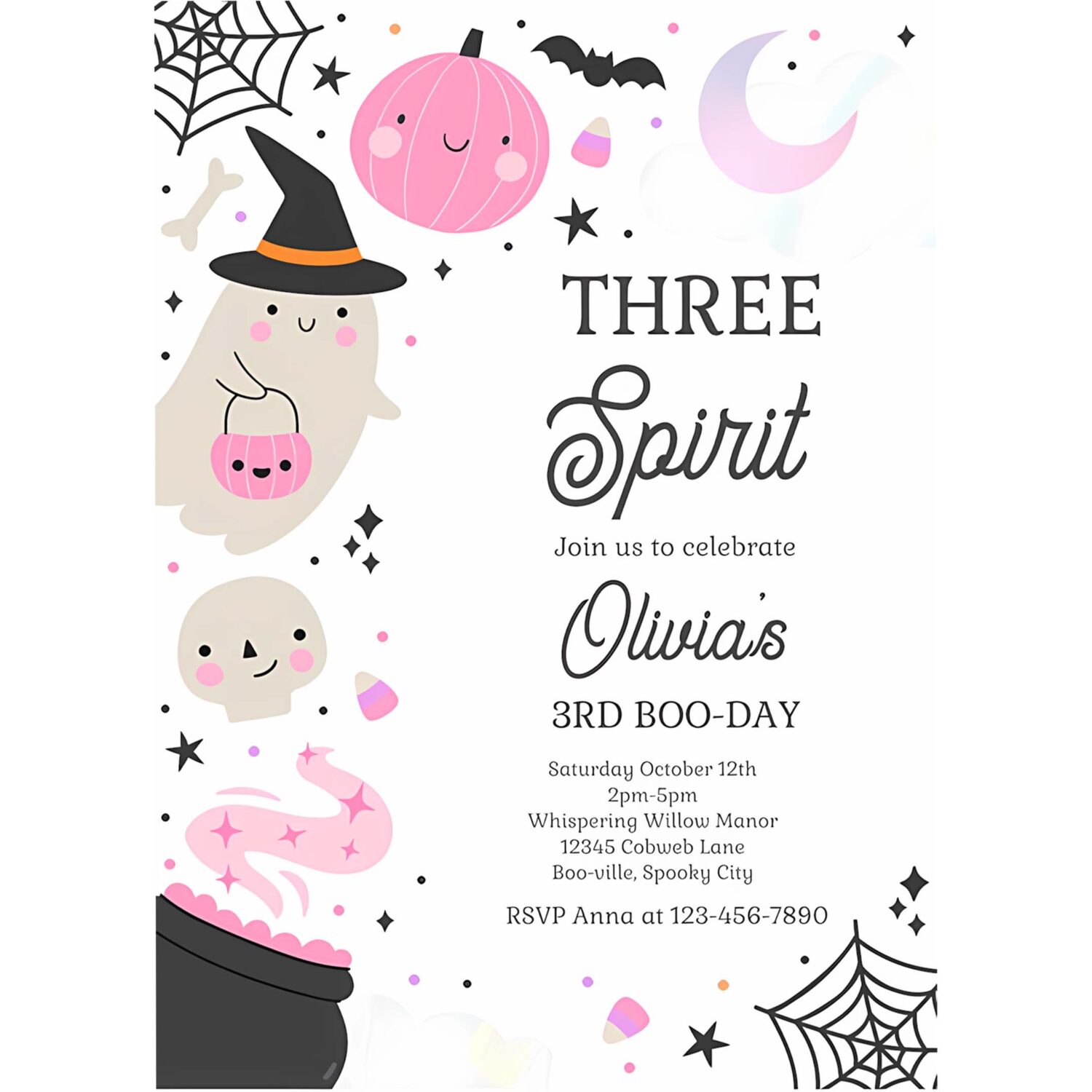 Editable three spirit halloween ghost 3rd birthday party invitation boho groovy ghost halloween birthday party invite instant download 42w 4