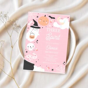 Editable three spirit halloween ghost 3rd birthday party invitation boho groovy ghost halloween birthday party invite instant download 43a 1