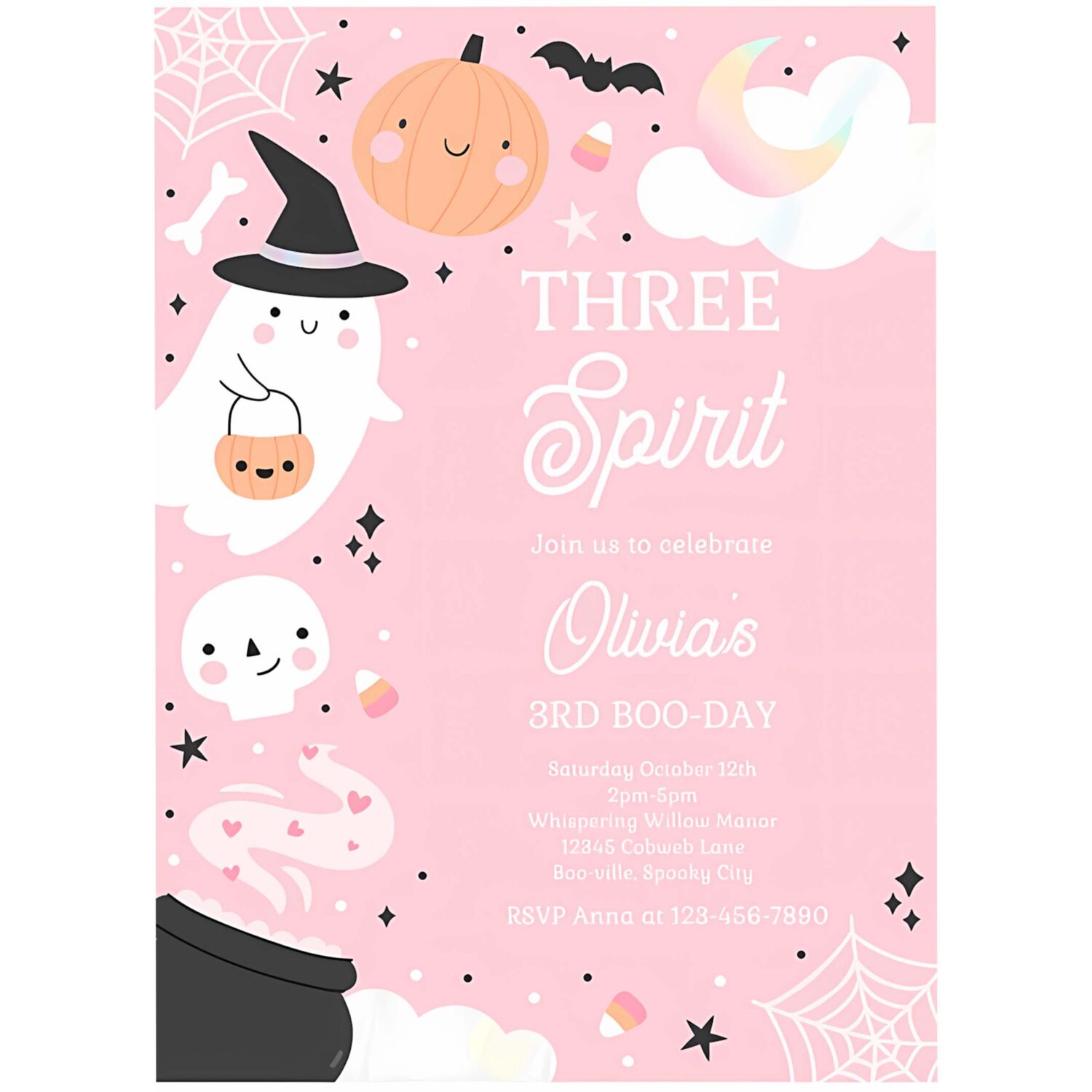 Editable three spirit halloween ghost 3rd birthday party invitation boho groovy ghost halloween birthday party invite instant download 43a 4