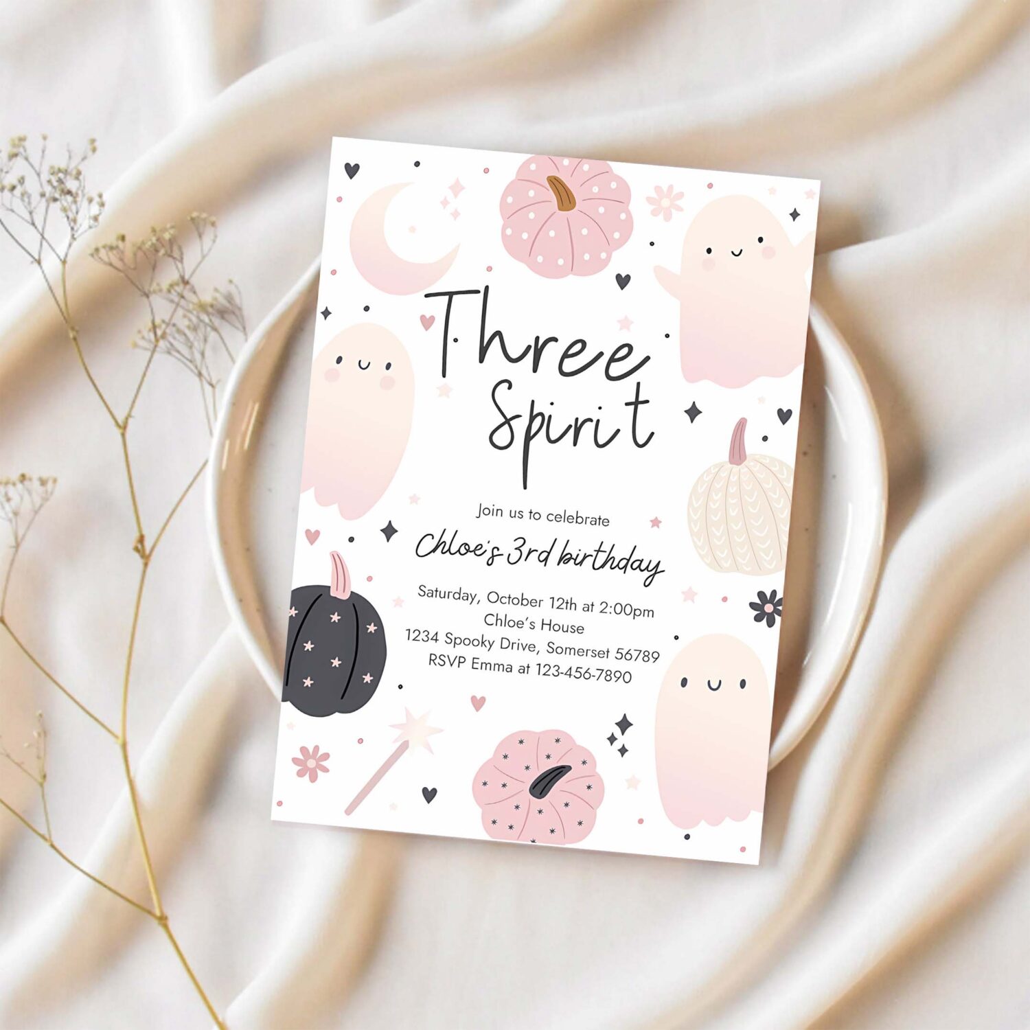 Editable three spirit halloween ghost 3rd birthday party invitation boho groovy ghost halloween birthday party invite instant download 43f 1