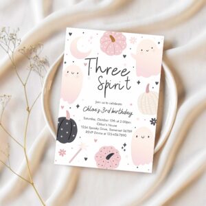 Editable three spirit halloween ghost 3rd birthday party invitation boho groovy ghost halloween birthday party invite instant download 43f 1