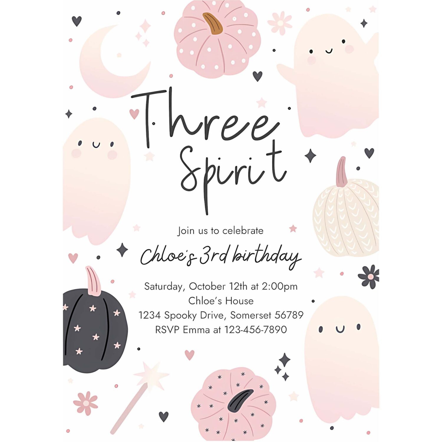 Editable three spirit halloween ghost 3rd birthday party invitation boho groovy ghost halloween birthday party invite instant download 43f 4