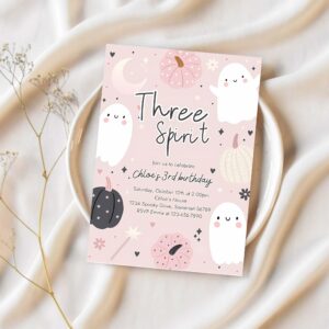 Editable three spirit halloween ghost 3rd birthday party invitation boho groovy ghost halloween birthday party invite instant download 45f 1
