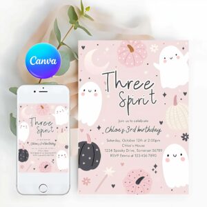 Three Spirit Invitation, Three Spirit Halloween Ghost 3rd Birthday Party Invitation Boho Groovy Ghost Halloween Birthday Party Invite