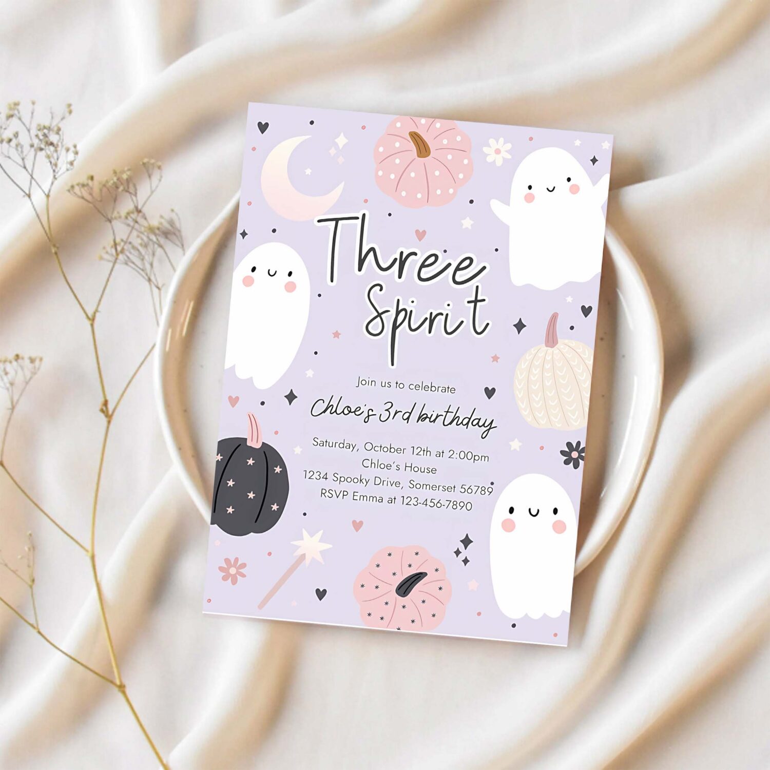 Editable three spirit halloween ghost 3rd birthday party invitation boho groovy ghost halloween birthday party invite instant download 45r 1