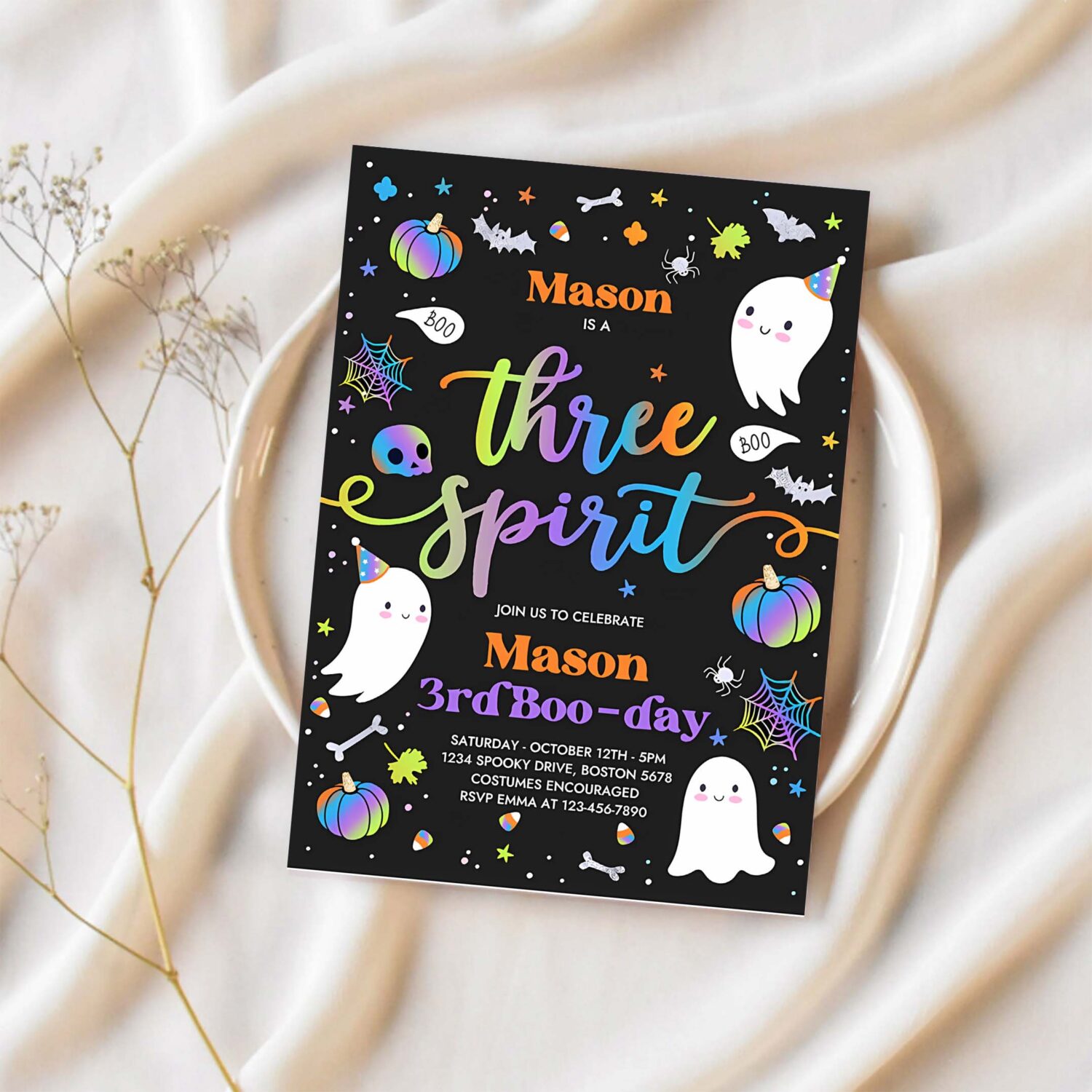 Editable three spirit halloween ghost 3rd birthday party invitation cute boy ghost 3rd birthday spooktacular party instant download fg 1