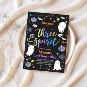 Editable three spirit halloween ghost 3rd birthday party invitation cute boy ghost 3rd birthday spooktacular party instant download fg 1