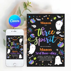 Three Spirit Invitation, Three Spirit Halloween Ghost 3rd Birthday Party Invitation Cute Boy Ghost 3rd Birthday Spooktacular Party