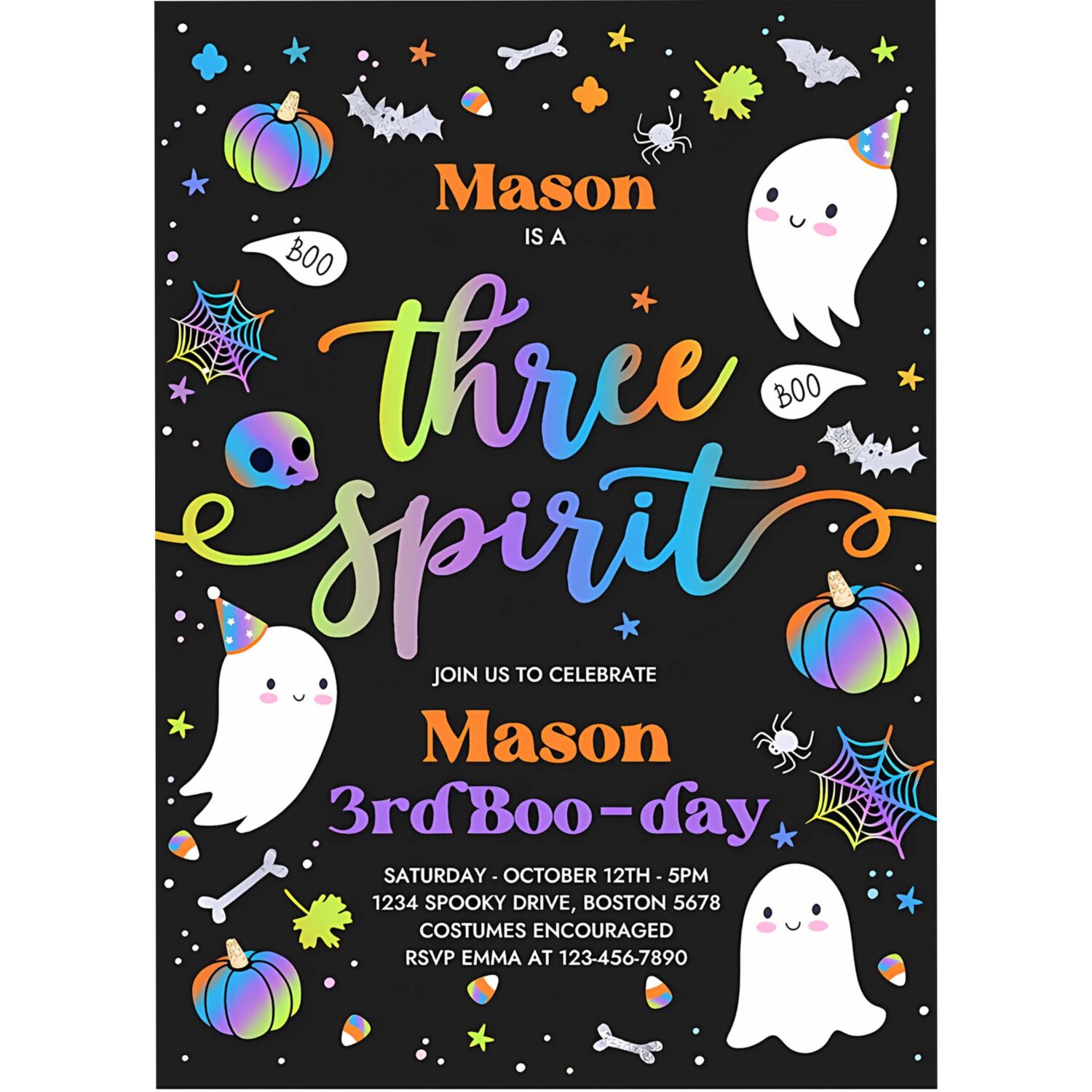 Editable three spirit halloween ghost 3rd birthday party invitation cute boy ghost 3rd birthday spooktacular party instant download fg 4