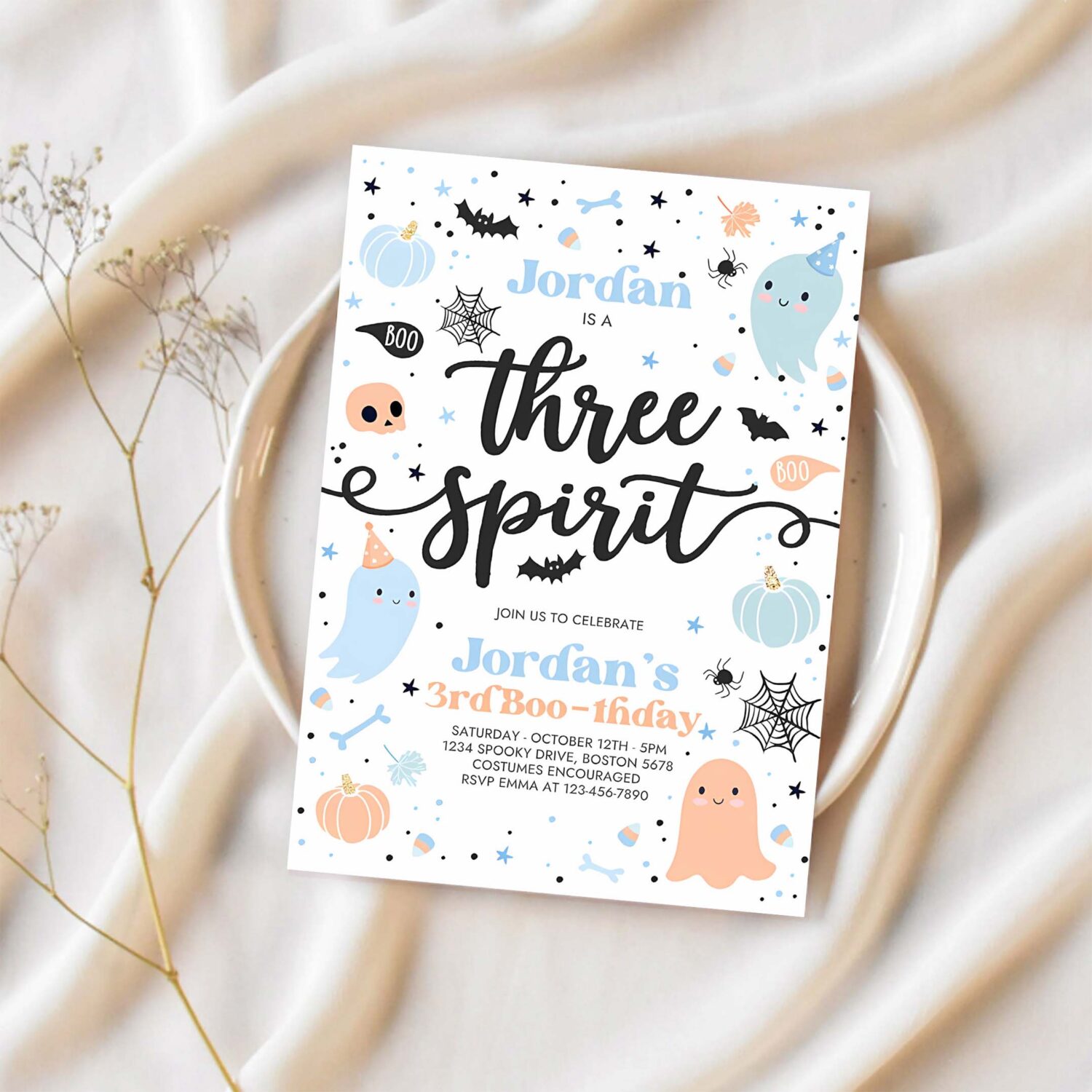 Editable three spirit halloween ghost 3rd birthday party invitation cute boy ghost 3rd birthday spooktacular party instant download g62 1