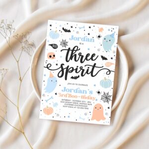 Editable three spirit halloween ghost 3rd birthday party invitation cute boy ghost 3rd birthday spooktacular party instant download g62 1