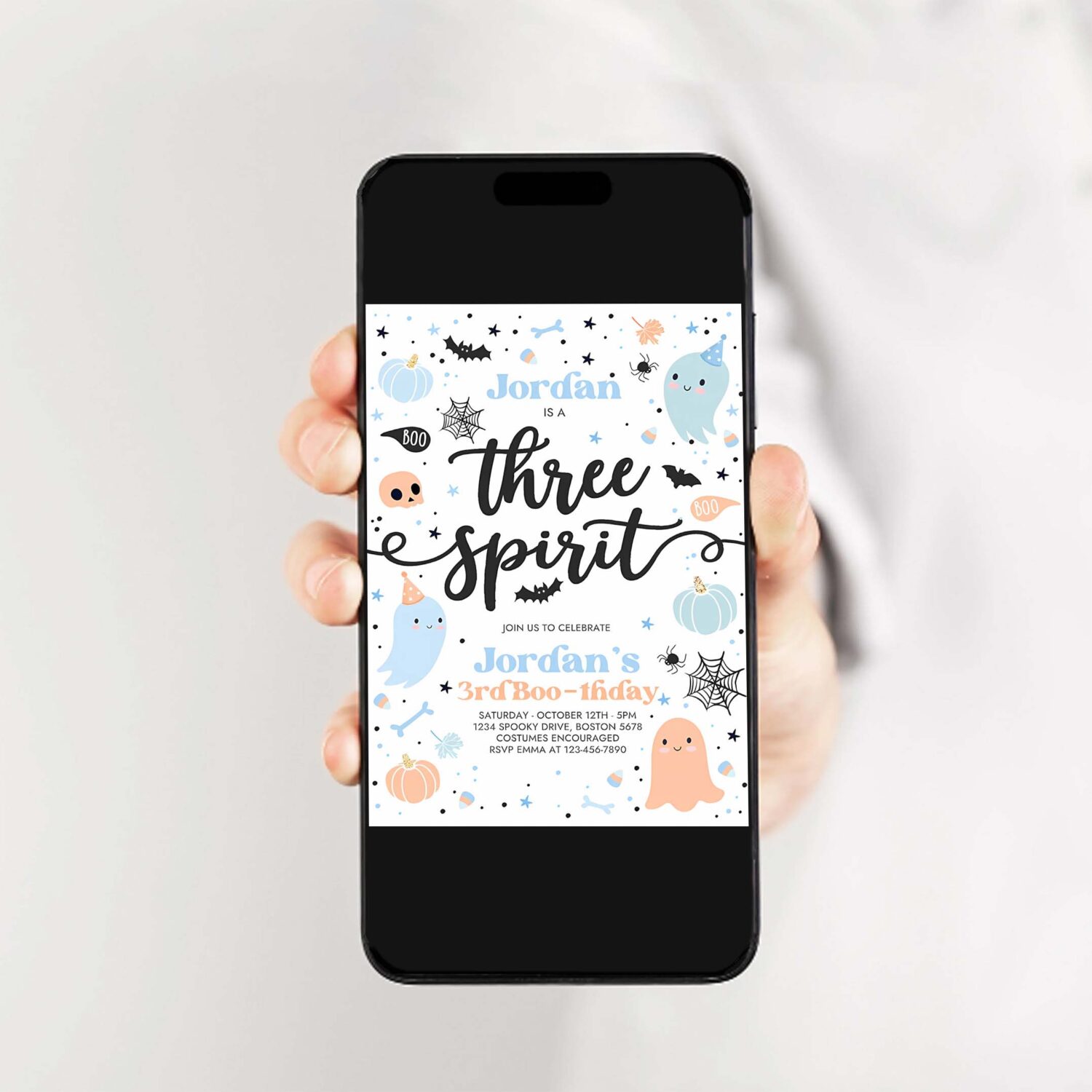 Editable three spirit halloween ghost 3rd birthday party invitation cute boy ghost 3rd birthday spooktacular party instant download g62 2
