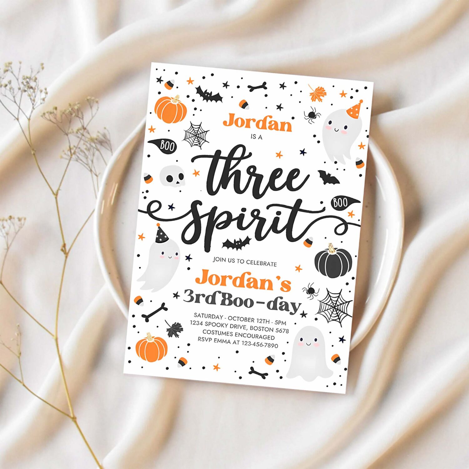 Editable three spirit halloween ghost 3rd birthday party invitation cute boy ghost 3rd birthday spooktacular party instant download g8 1