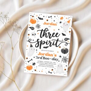 Editable three spirit halloween ghost 3rd birthday party invitation cute boy ghost 3rd birthday spooktacular party instant download g8 1