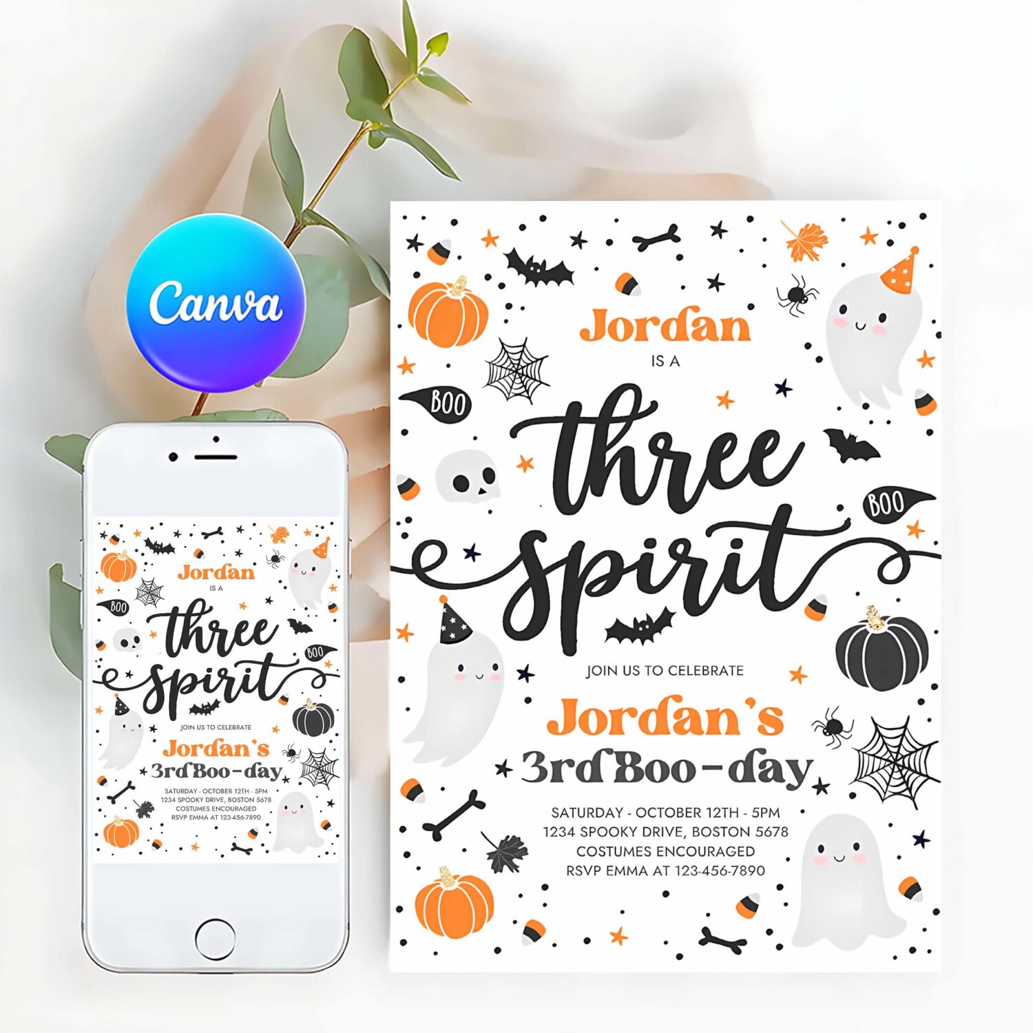 Editable three spirit halloween ghost 3rd birthday party invitation cute boy ghost 3rd birthday spooktacular party instant download g8
