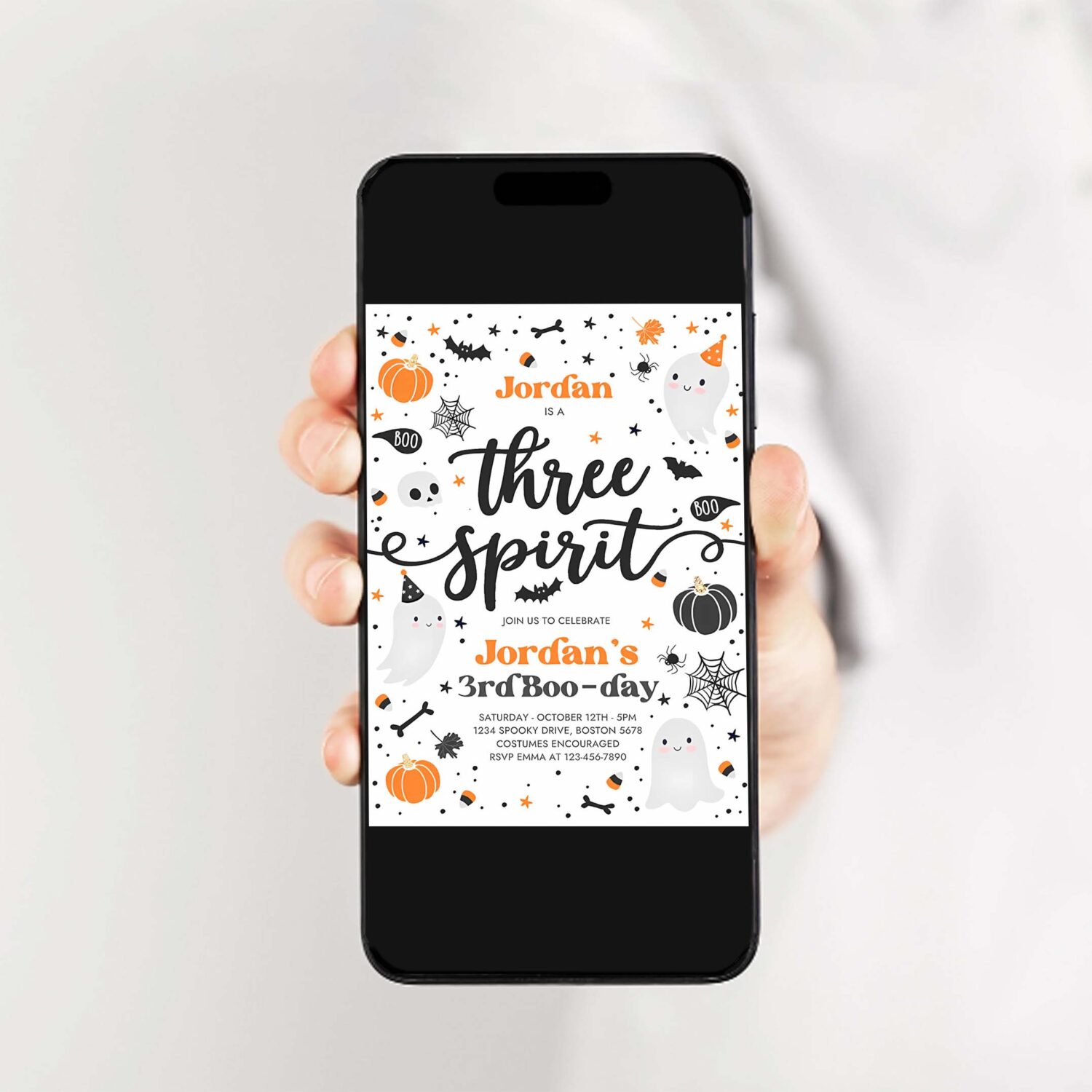 Editable three spirit halloween ghost 3rd birthday party invitation cute boy ghost 3rd birthday spooktacular party instant download g8 2
